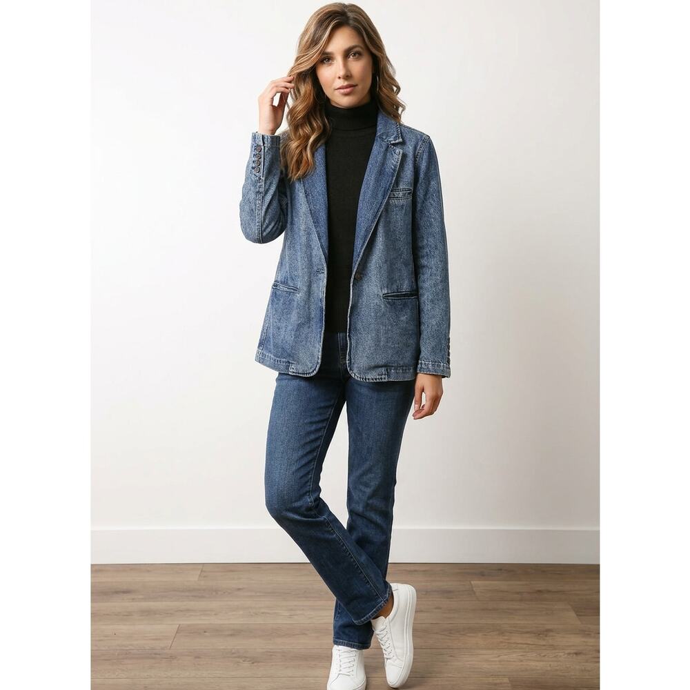 GAP Women's Medium Petite 100% Cotton Button Front Denim Blazer/Jacket Pockets